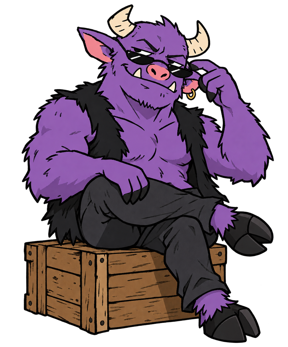 BULONE sitting casually on a wooden crate